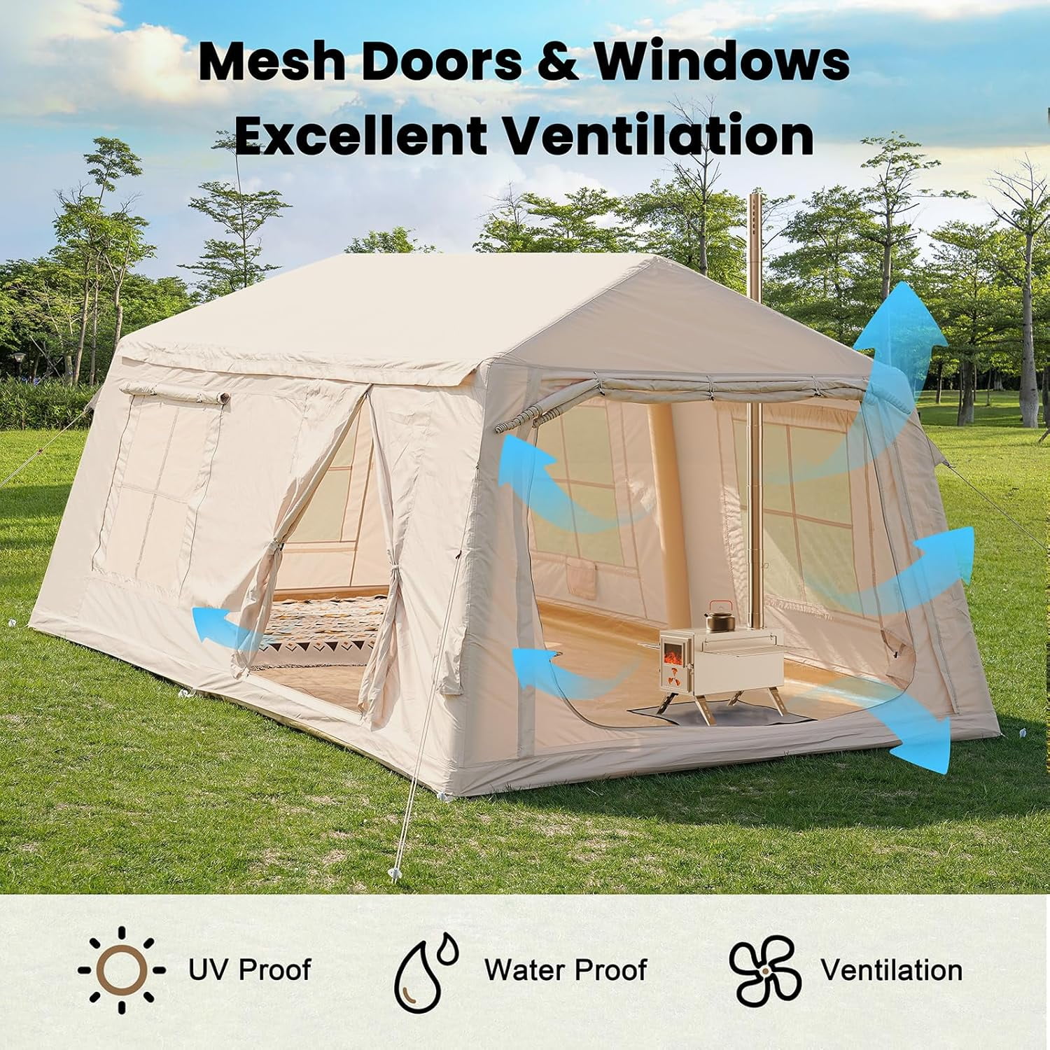 Lilypelle 4-6 Person Blow Up Inflatable Tent with Stove Jack, Hot Tent for Camping with Hand Pump, Waterproof Inflatable Camp Tent with Mesh Windows, Easy Setup Glamping Inflatable House - Image 25