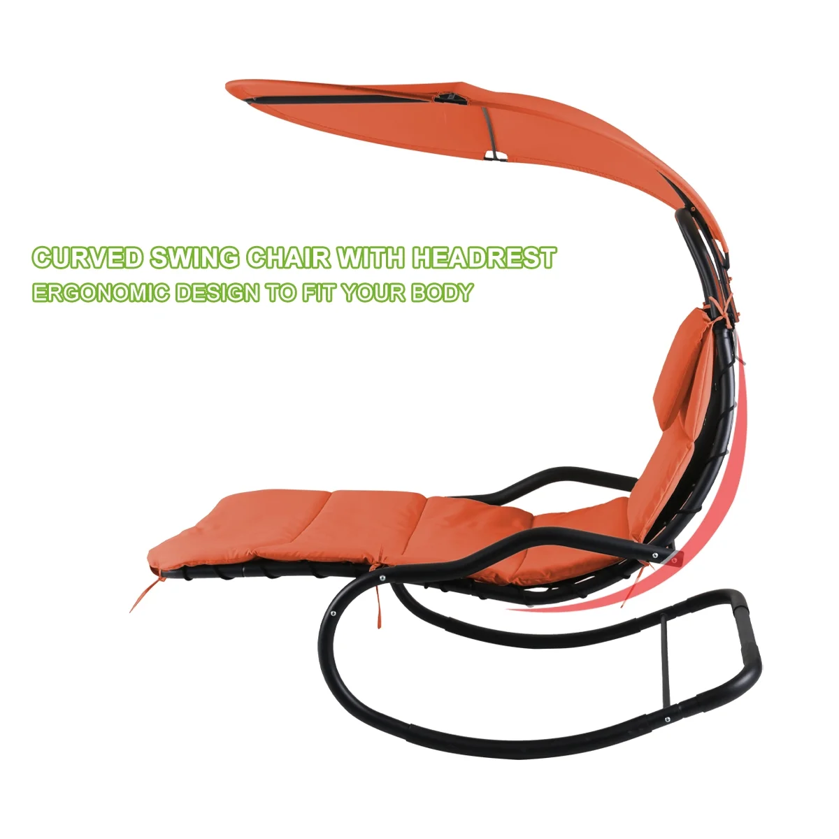 2X Rocking Hanging Lounge Chair - Curved Chaise Rocking Lounge Chair Swing For Backyard Patio w/ Built-in Pillow Removable Canopy with stand {Green} - Image 16