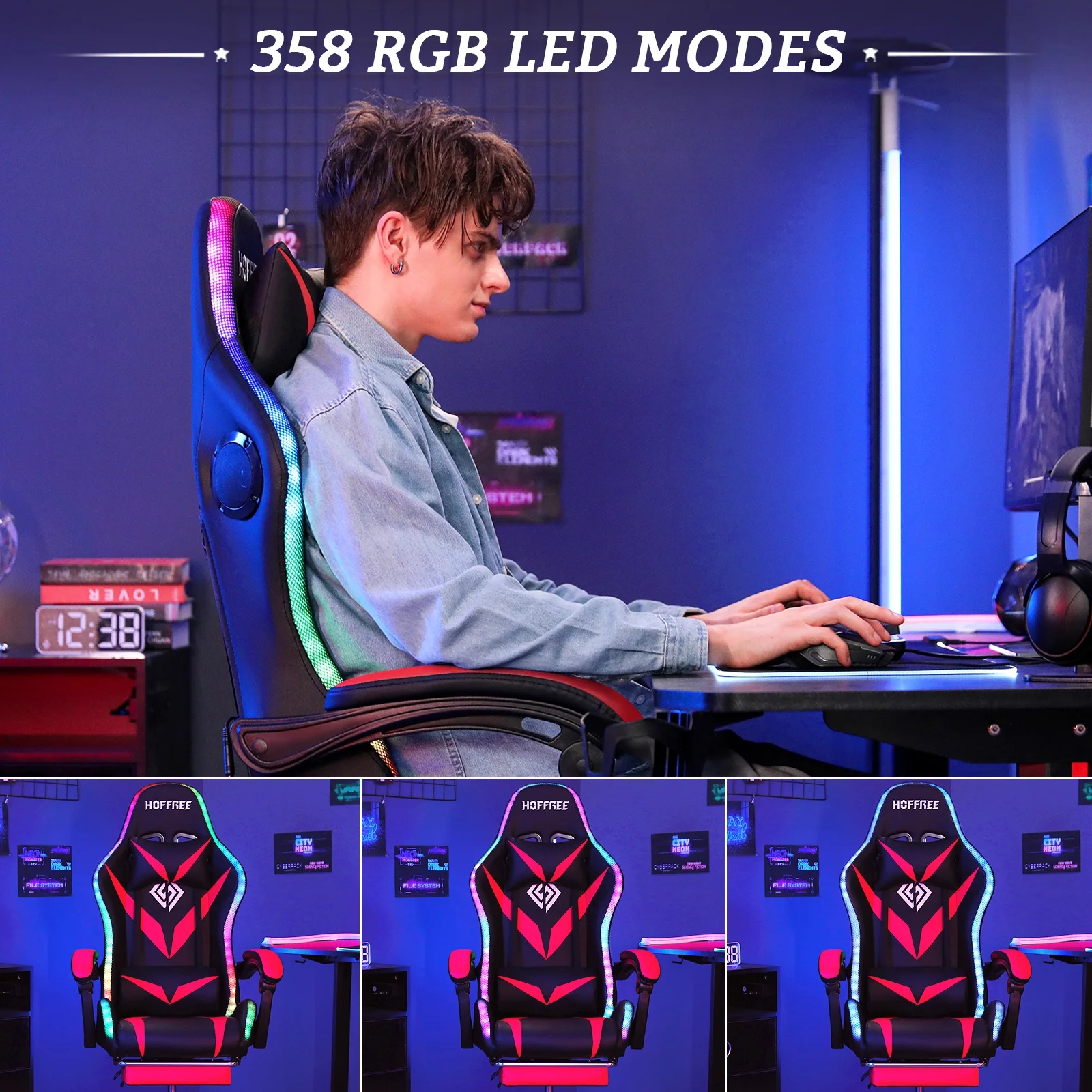Hoffree Gaming Chair with Speakers PU Leather Office Chair with Footrest and LED Lights Ergonomic Gamer Chair with Massage Lumbar Support and Headrest Adjustable Swivel for Home Office 300lb - Image 58