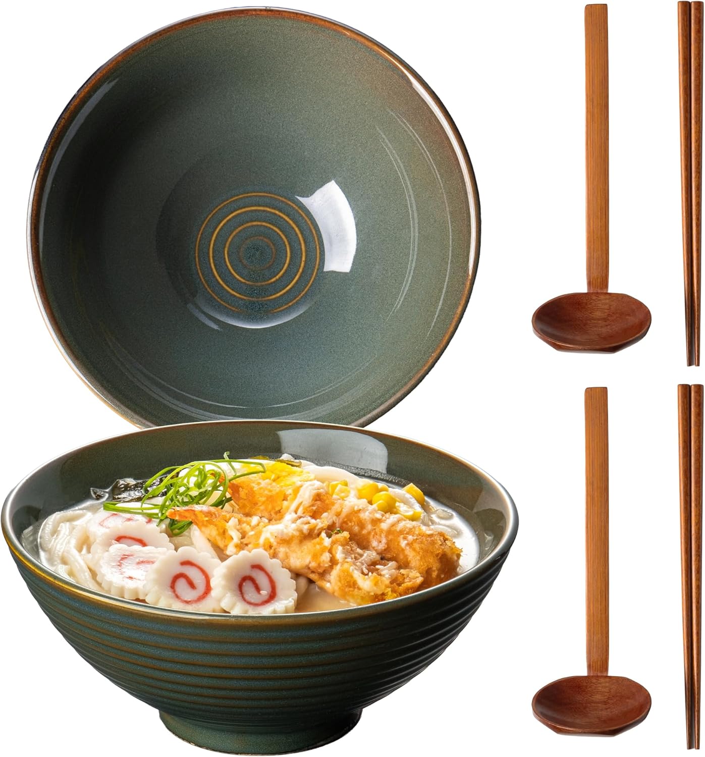 8 Inch 40oz Large Japanese Ramen Bowl Set of 2,Material Safety Ceramic Ramen Bowls with Matching Chopsticks and Spoons, Pho Bowls Ramen Noodle Bowl for Asian Udon Soup Salad Cereal(Peacock Tail)