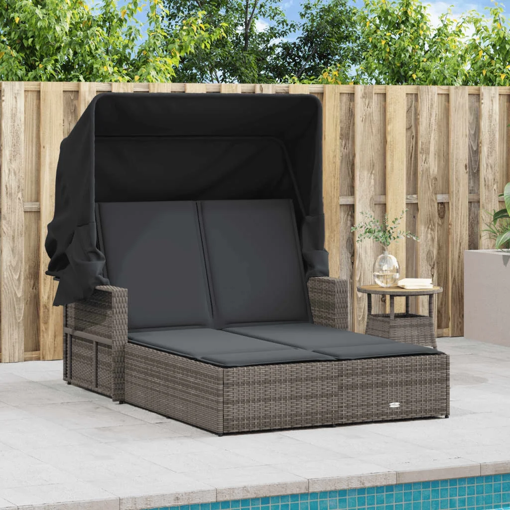 vidaXL Powder Coated Steel Removable Canopy and Cushions Double Sun Lounger, Beige - Image 42