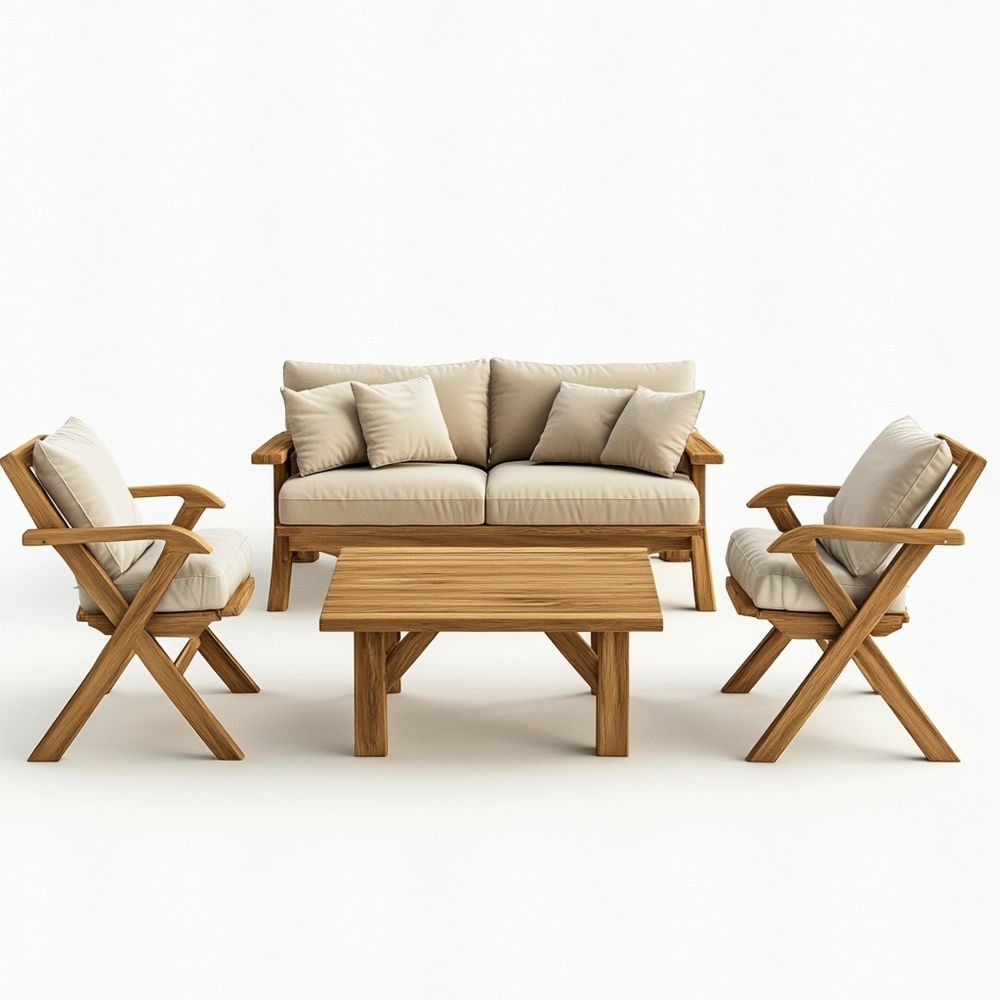 Juego de Muebles de Jardín Madera/Beige Exterior Conjunto Sofá y Sillones con Mesa