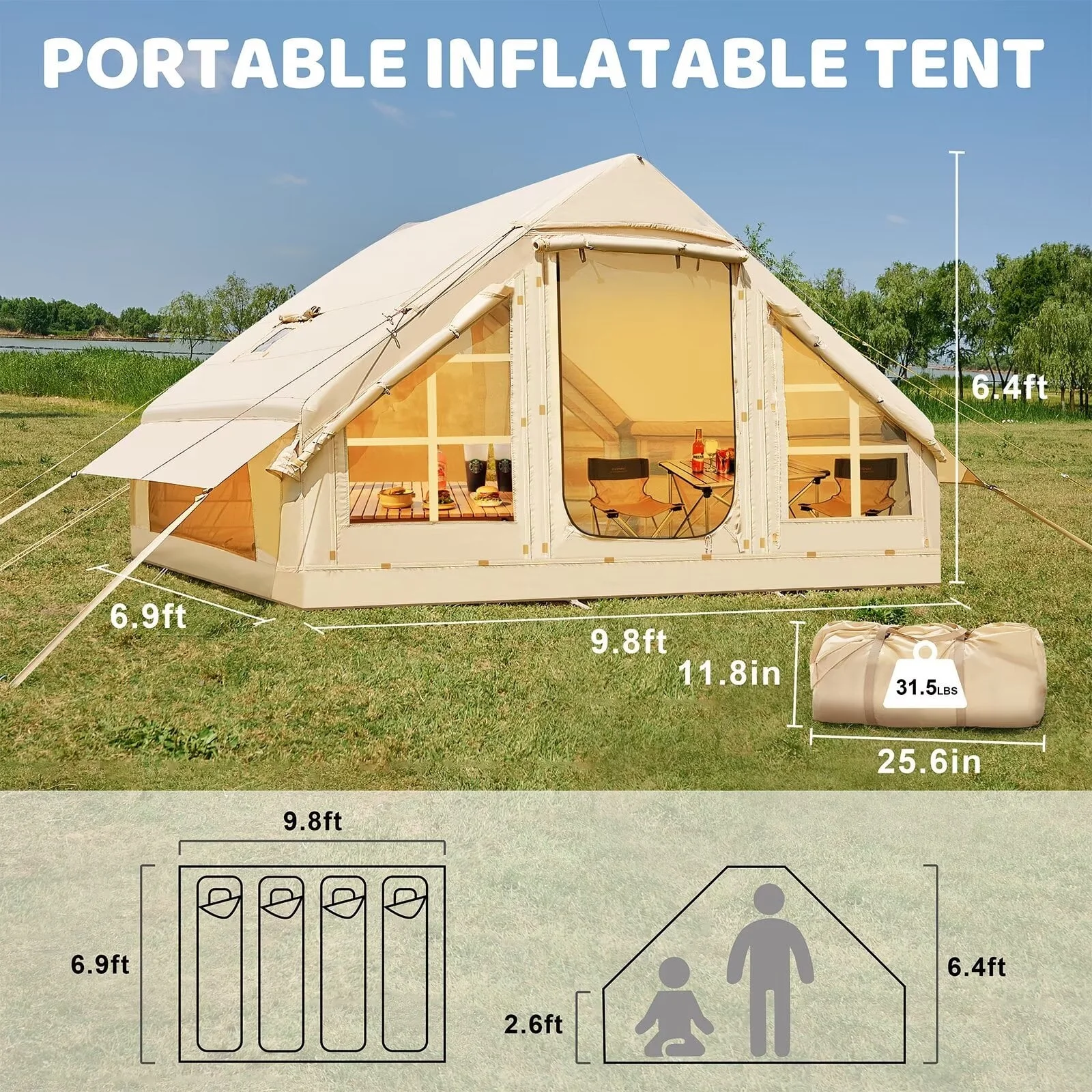 Lilypelle 4-6 Person Blow Up Inflatable Tent with Stove Jack, Hot Tent for Camping with Hand Pump, Waterproof Inflatable Camp Tent with Mesh Windows, Easy Setup Glamping Inflatable House - Image 10