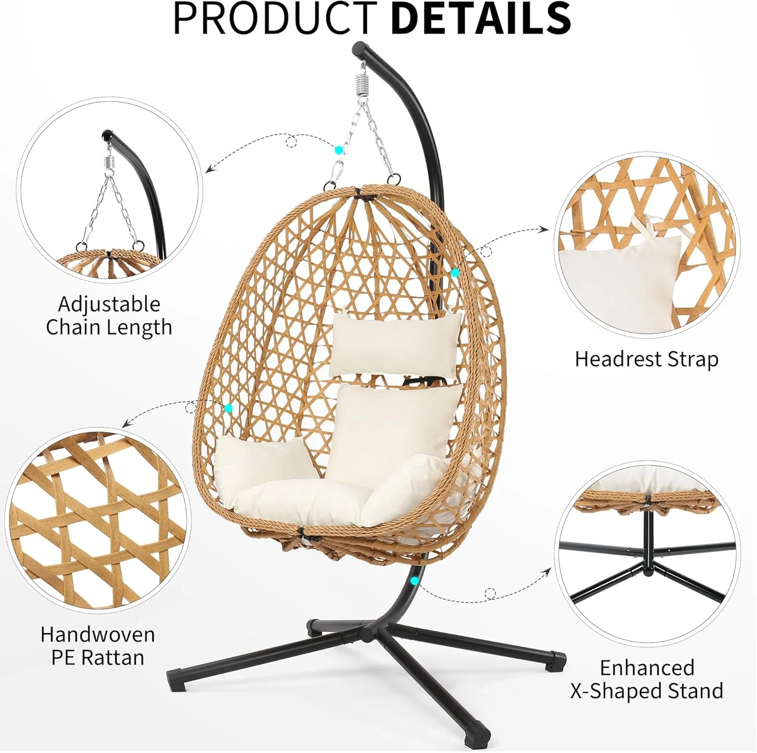 Egg Chair with Stand Patio Wicker Hanging Chair Hammock Swing Chair 350LBS Capacity