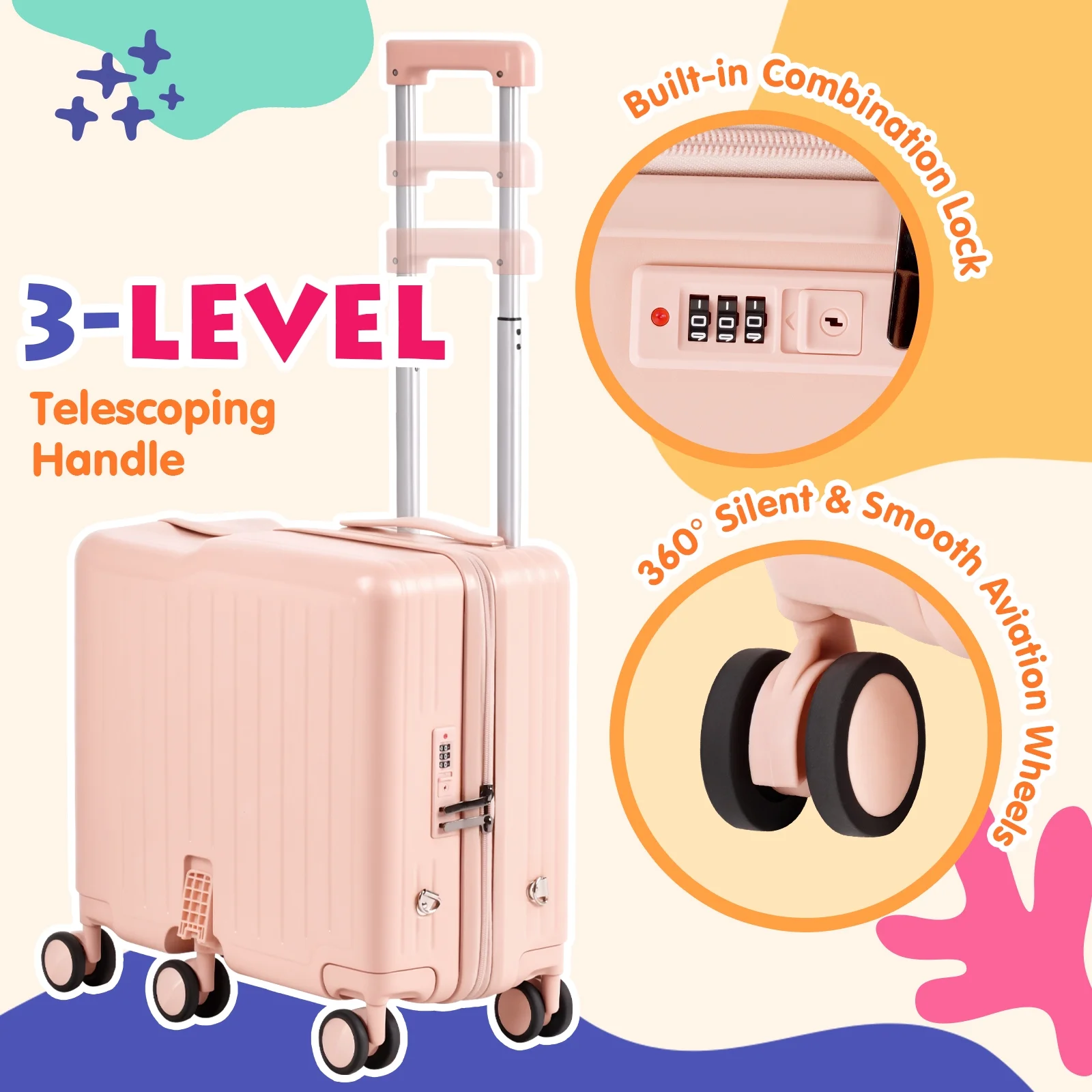 Advwin Ride-On Kids Luggage with Pull Strap, Footrests, Cup Holder, 6 Wheels & Adjustable Handle, 18-Inch Spinner Suitcase with Stickers & Boarding Pass, Pink - Image 4