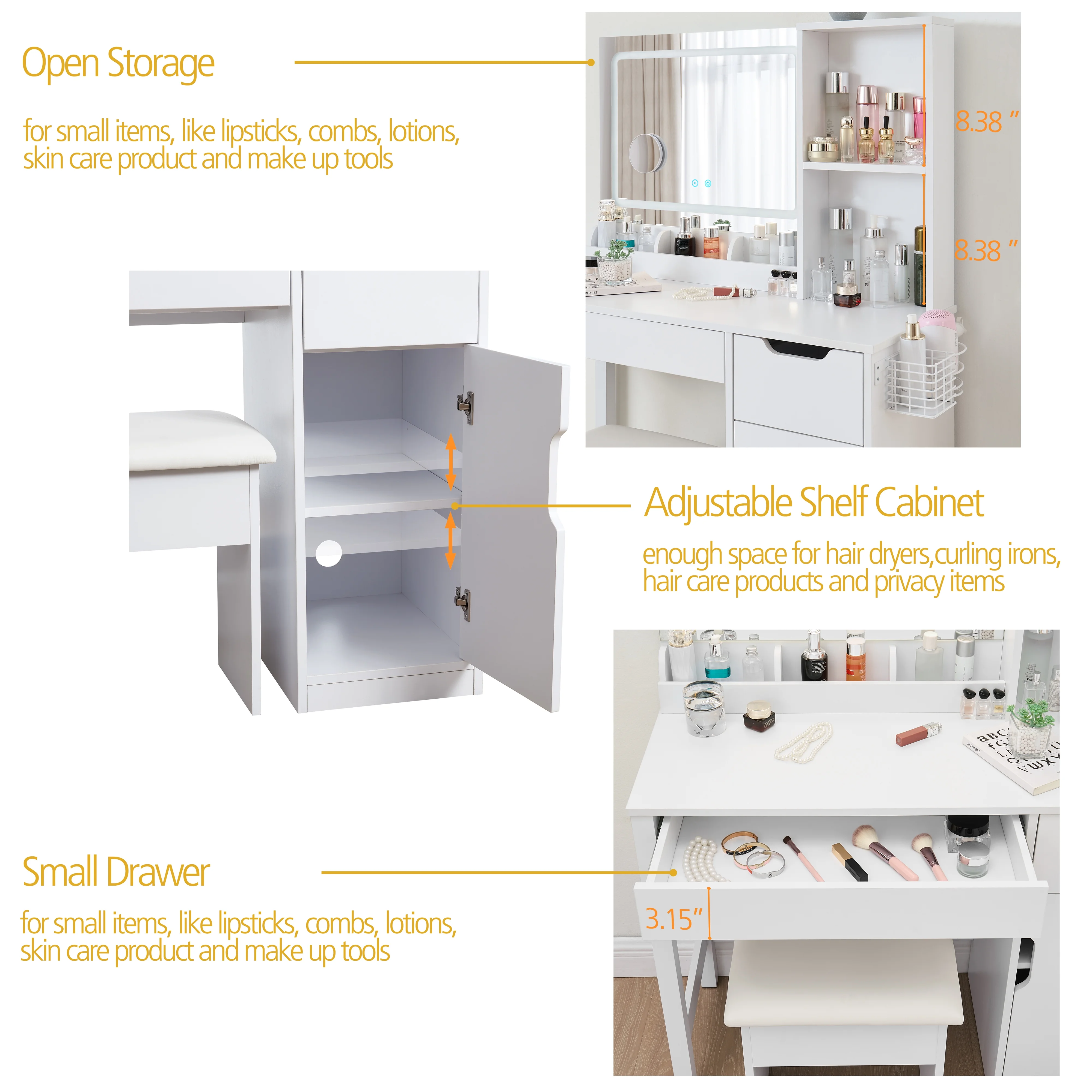 Mainstays Get Ready with Me GRWM Deluxe 2-Piece Vanity and Stool with Lighted Mirror and USB Power, White Finish - Image 10