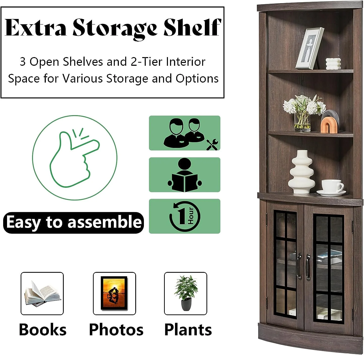 Merluxy Curved Corner Cabinet, 65" Wood Bookcase with 3 Shelves, Distressed White - Image 11