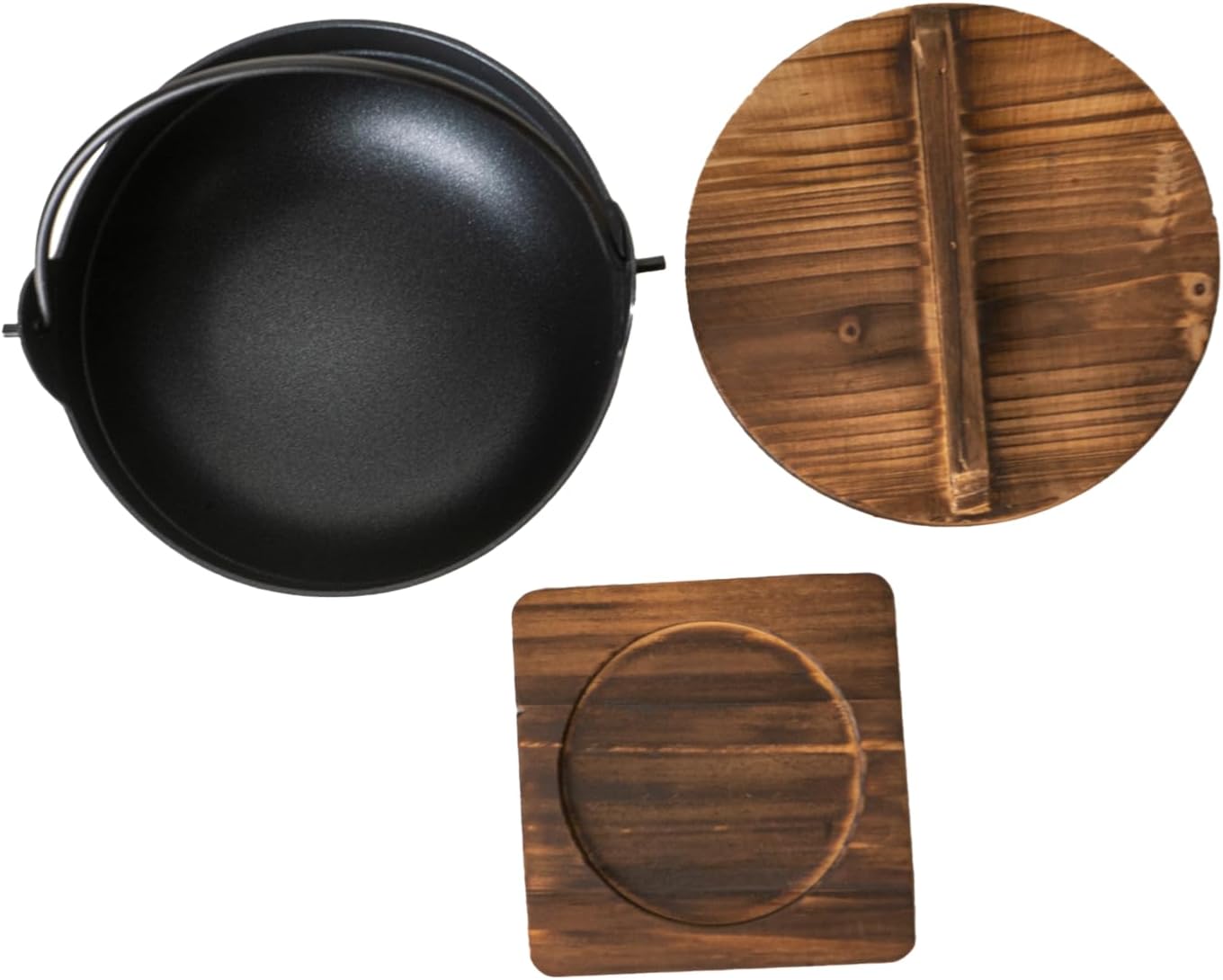 Urban Tokyo Sukiyaki Tetsu Nabe Pot with Wooden Lid and Tray Japanese Style Nabemono Hot Pot Hiking Stove Pan Stockpot Wok for Outdoor Aluminum Alloy