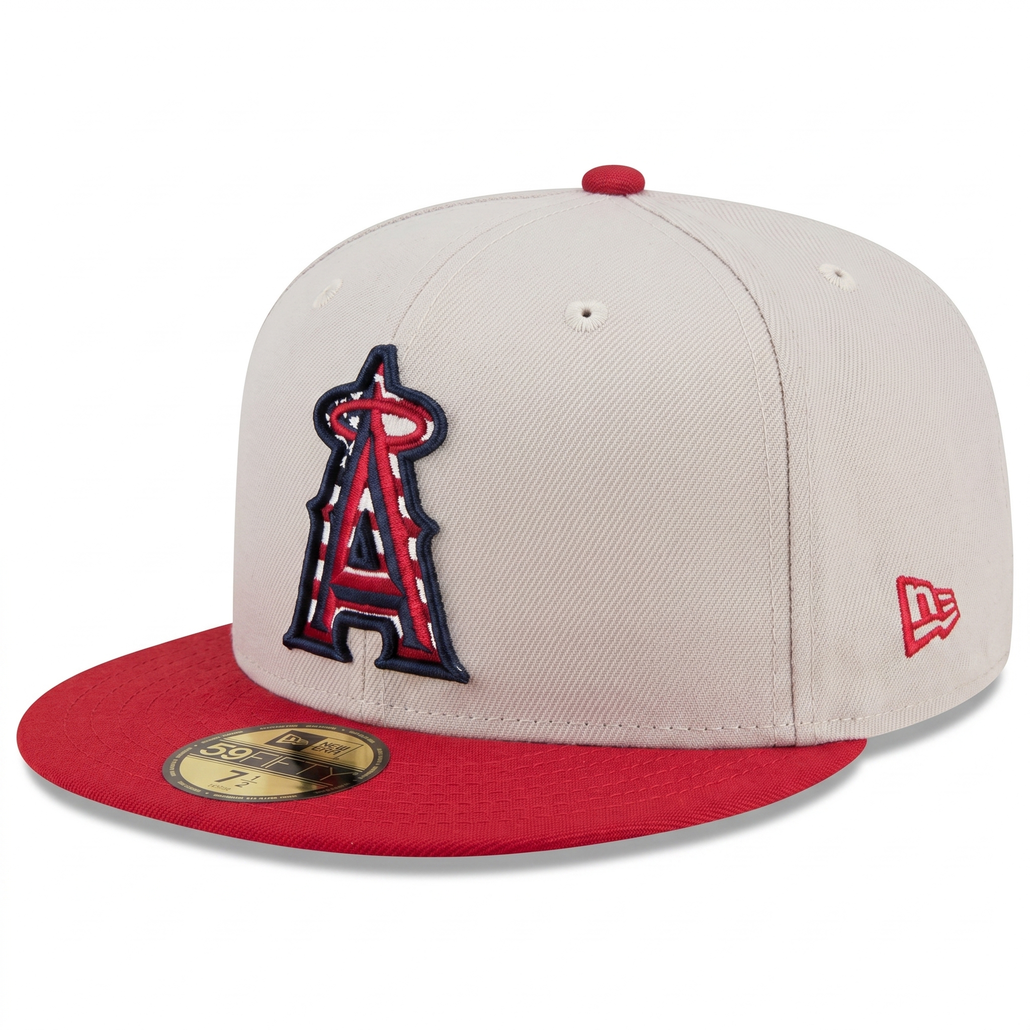 Side view of the Los Angeles Angels New Era fitted cap highlighting the red New Era flag embroidery and gold 59FIFTY sticker.